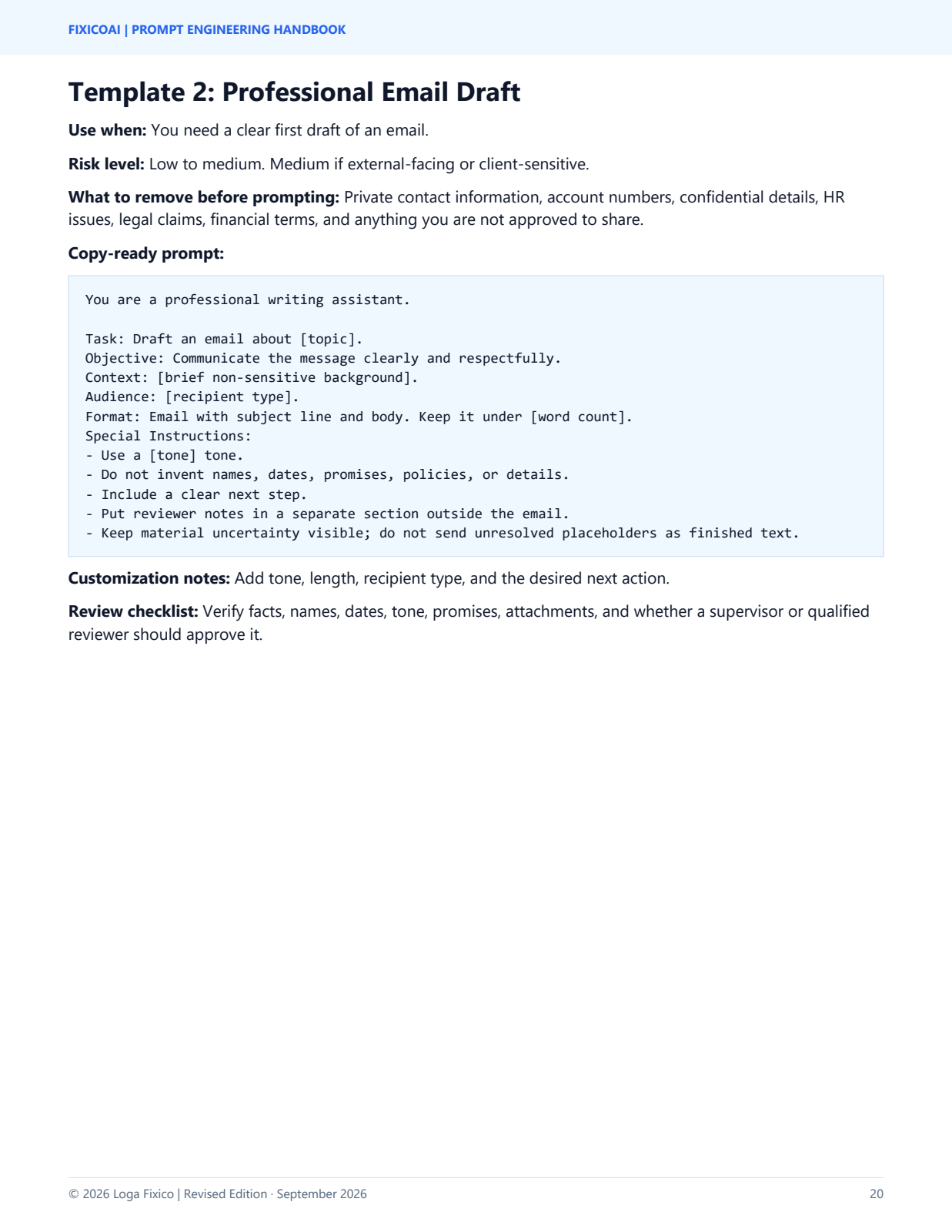 Sample page showing a professional email prompt, customization notes, and review checklist