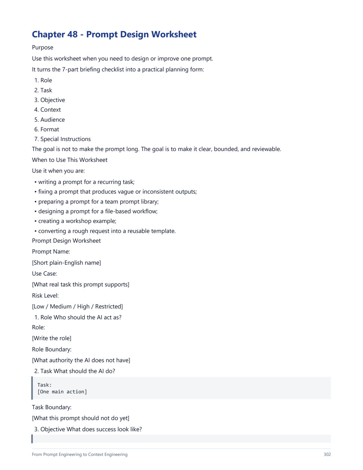 Opening page of the Playbook prompt design worksheet